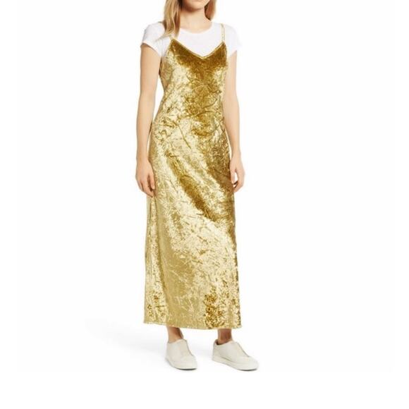 Lou & Grey crushed velvet slip maxi dress chartreuse size Large - Picture 2 of 16